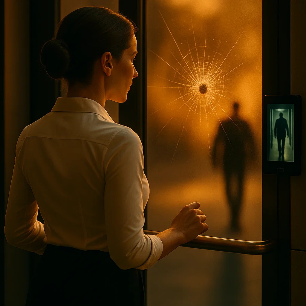 Bullet halted in ballistic glass door, threat outside