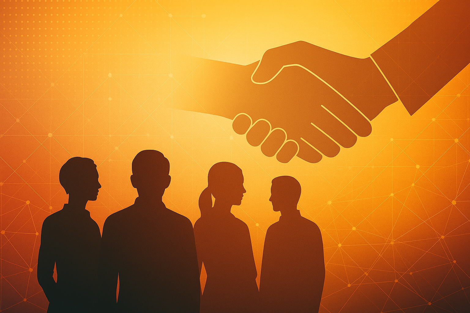 Silhouettes of professionals collaborating against a networked backdrop