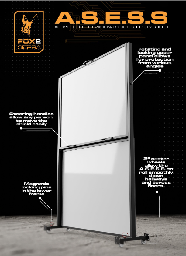 A.S.E.S.S. whiteboard with call-outs to handles, wheels and locking pins