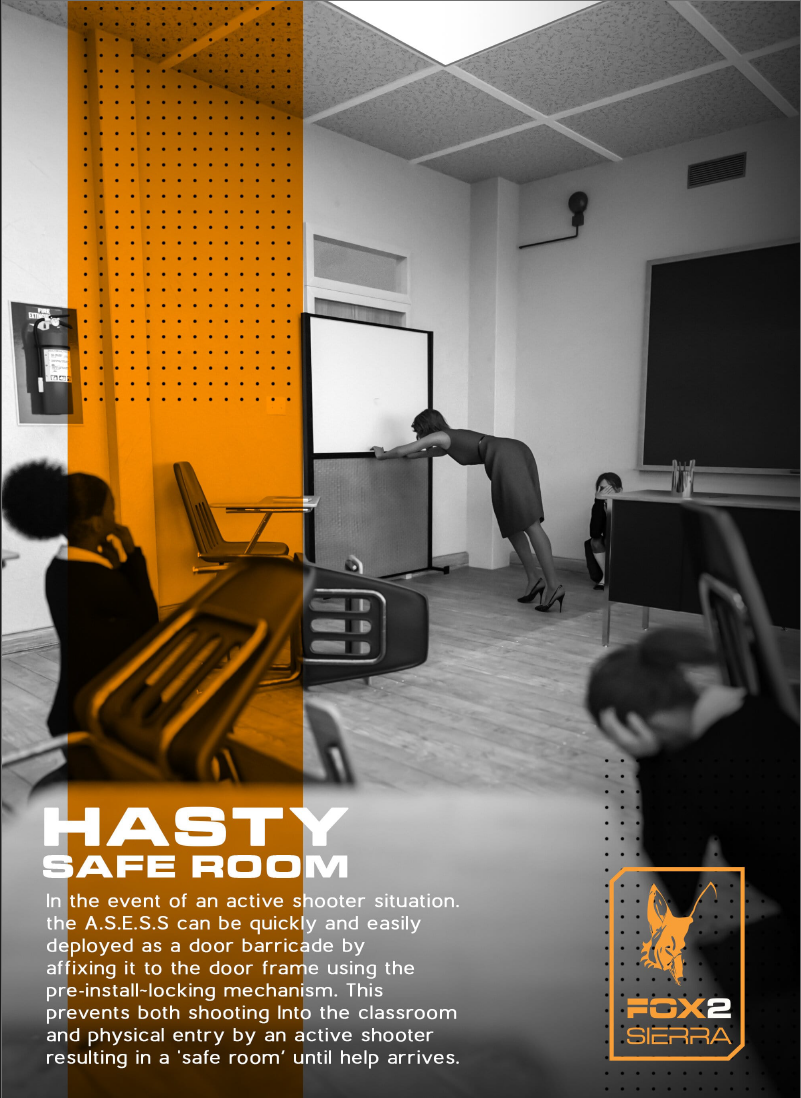 Teacher locking board across a classroom doorway