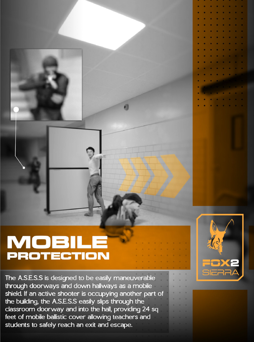 Teacher rolling board down a hallway shielding students